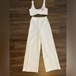 KINGSTON TWO PIECE SET - TWIST FRONT TWILL AND WIDE LEG PANTS SET IN WHITE
